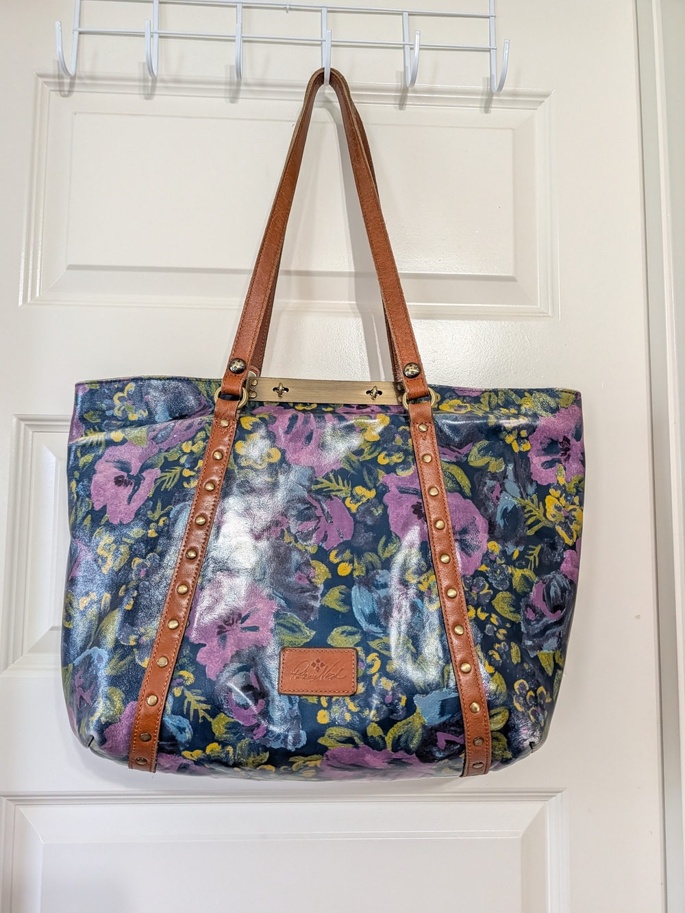 Patricia Nash Navy Floral Tote with Brown Leather Straps